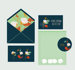 A set to send by mail. An envelope, postcard, business card, sticker, sheet for writing. Sea-green color