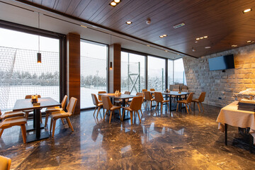 Interior of a modern mountain restaurant