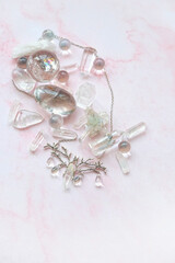 clear quartz minerals. Magic gemstones for Crystal Ritual. Witchcraft, Relax, Healing stones. spiritual practice, Esoteric and life balance concept