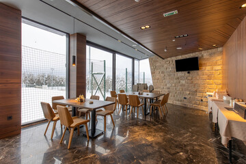 Interior of a modern mountain restaurant