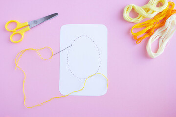 how to make an Easter card with your own hands from threads and needles, step by step instructions, step 1, Happy Easter concept