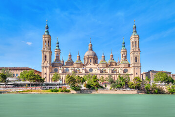 Zaragoza, Spain. View of baroque Basilica de Nuestra Senora del Pilar on sunny day