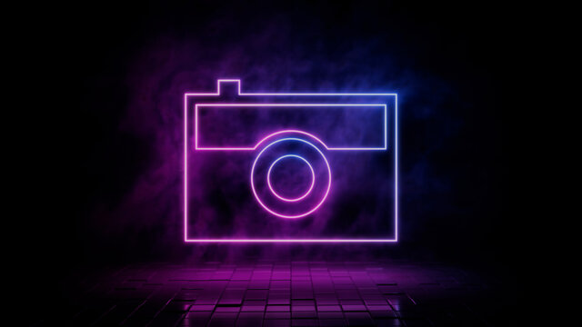 Pink and blue neon light camera icon. Vibrant colored photo technology symbol, isolated on a black background. 3D Render 