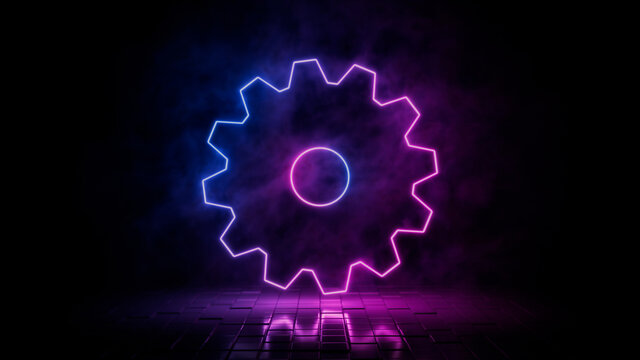 Pink and blue neon light cog icon. Vibrant colored settings technology symbol, isolated on a black background. 3D Render 