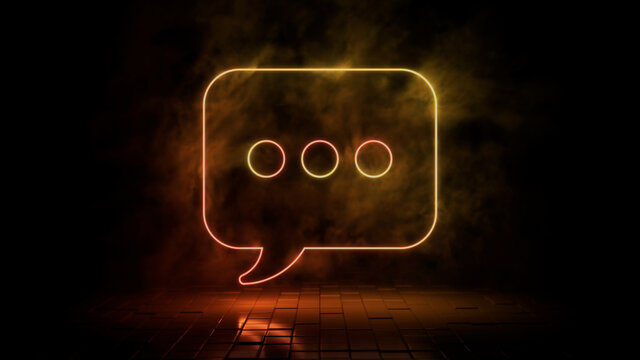 Orange and yellow neon light sms icon. Vibrant colored technology symbol, isolated on a black background. 3D Render 