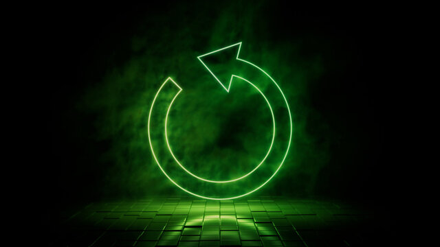 Green neon light refresh icon. Vibrant colored technology symbol, isolated on a black background. 3D Render 