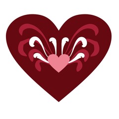 Chocolate heart with the image of a small pink heart with abstract wings of white and light chocolate color.