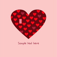 Chocolate heart with little pink hearts and a door on a pink background.