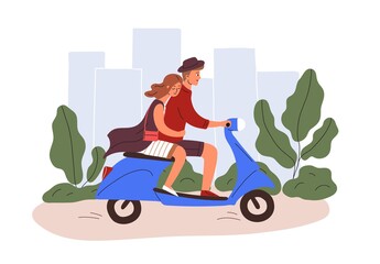 Romantic couple riding a scooter. Young man and woman traveling by motorcycle together in summer. Guy driving moped. Colored flat vector illustration isolated on white background