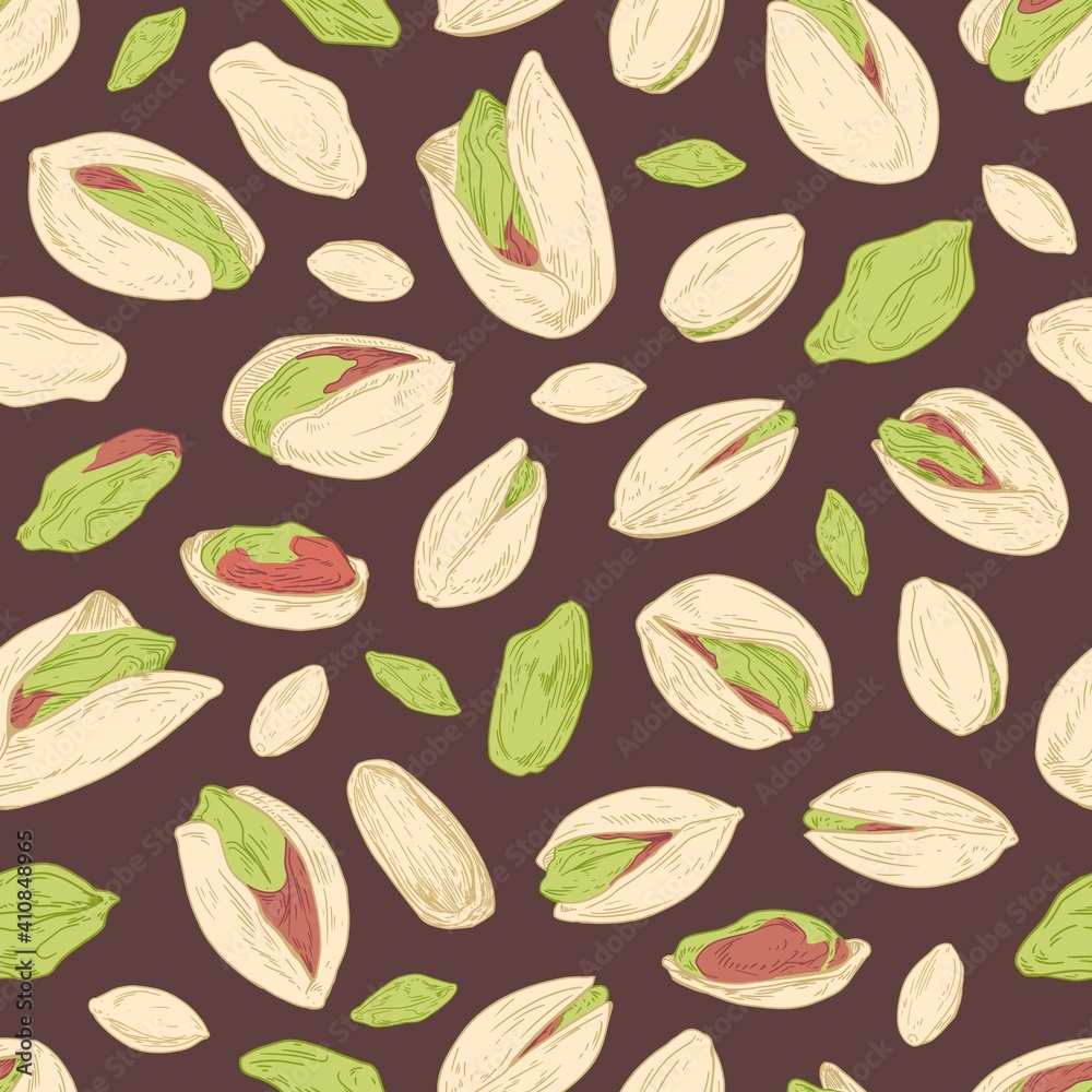 Aufkleber Seamless pistachio pattern with peeled nuts and unopened pistaches in nutshells on dark background. Endless repeatable design. Hand-drawn colored vector illustration for wrapping