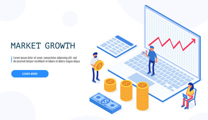 Market growth concept. People work against the background of a growing graph. Web banner in isometric style. Vector illustration.
