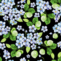 Elegance watercolor wedding seamless pattern with spring blue flowers. Watercolor illustration.