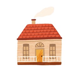 Cute little country house with door, windows and terrace. Facade of home with chimney and smoke. Wooden village cottage exterior. Flat textured vector illustration isolated on white background