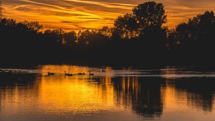 Beautiful sunset with reflections near Plattling, Isar, Bavaria, Germany