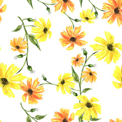 Vintage seamless watercolor pattern of plants. Herbs, flowers, chamomile, flowers watercolor. abstract splash of paint. flowers sunflower, leaves, calendula.yellow,
drawing of calendula, marigolds.
