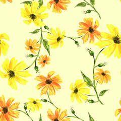 Vintage seamless watercolor pattern of plants. Herbs, flowers, chamomile, flowers watercolor. abstract splash of paint. flowers sunflower, leaves, calendula.yellow,
drawing of calendula, marigolds.
