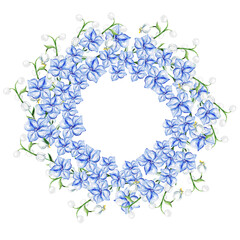 Blue forget me not spring flowers in wreath for wedding. Decorative element for greeting card