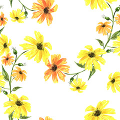 Vintage seamless watercolor pattern of plants. Herbs, flowers, chamomile, flowers watercolor. abstract splash of paint. flowers sunflower, leaves, calendula.yellow,
drawing of calendula, marigolds.
