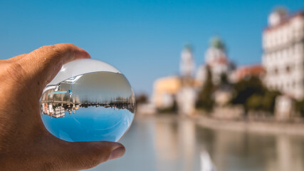 Crystal ball summer landscape shot at Passau, Danube, Bavaria, Germany