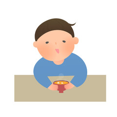 Vector illustration of a boy drinking miso soup