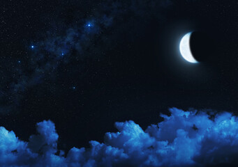 Crescent moon in starry night sky with illuminated clouds.