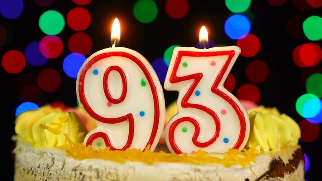 Number 93 Happy Birthday Cake With Burning Candles Topper.