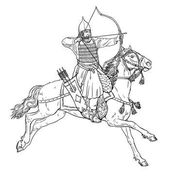 Mounted Knight. Mounted Asian Archer At The Battle. Digital Drawing.