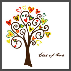 The tree of love. Vector postcard, a tree with bright hearts instead of leaves and with an inscription on a transparent background. Underlay imitating shadow.