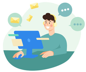 illustration of a man answering questions online. Technical support