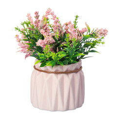 Decorative plastic flowers in a pink pot isolated on white