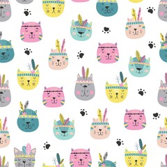 Cartoon cute cats tribal faces. Boho cute animals vector pattern.
Creative texture in Scandinavian style. Great for fabric, textile Vector Illustration
