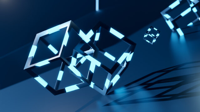 3d render of blochain cobes in neon blue light. Big data concept. Artificial intellegence. abstract tech background