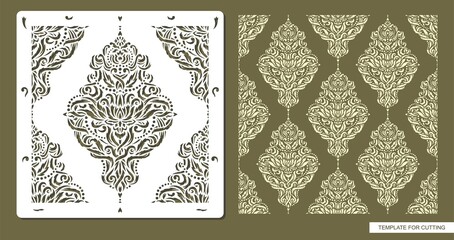 Stencil for drawing a classic pattern. Ornament from decorative leaves, flowers, garlands. Seamless texture for decorating walls, surfaces. Vector template for laser cutting paper, cardboard, plastic.