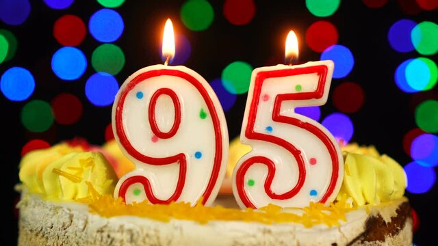 Number 95 Happy Birthday Cake With Burning Candles Topper.