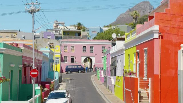 View of colorful houses in the muslim area Bo-Kaap in Cape town, South Africa.