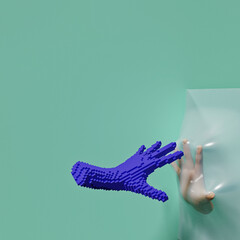 constructed blue hand reaching to touch human hand isolated behind screen
