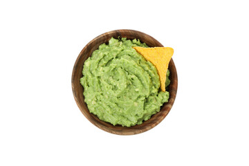 Bowl of guacamole with chip isolated on white background