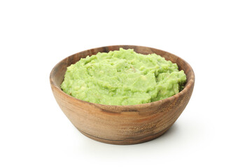 Bowl of guacamole isolated on white background