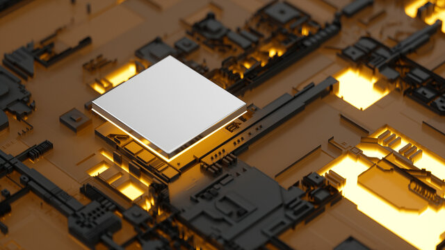 Close up Micro CPU on circuit board with yellow lighting. 3D illustration