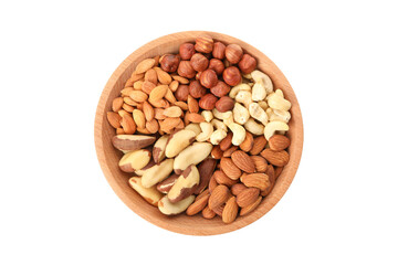 Bowl with different nuts isolated on white background