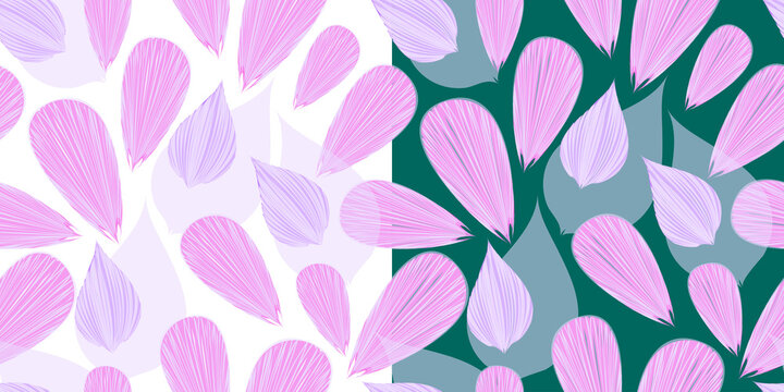 Vector seamless feminine floral pattern for design of purple and violet flower petals for fabric, hijab, textile, on a black background. Two background options.