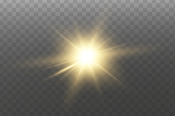 Shining golden stars isolated on transparent background. Effects, glare, lines, glitter, explosion, golden light. Vector illustration. Set.