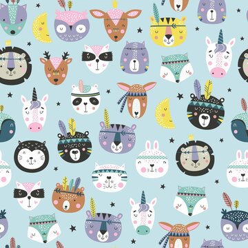 Cartoon cute animal tribal faces. Boho cute animals vector pattern.
Creative texture in Scandinavian style. Great for fabric, textile Vector Illustration
