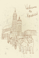 vector sketch of St. Mary's Church and the Main Market Square in the Old Town district of Krakow. Poland.