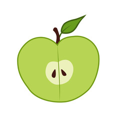 Cut green apple with a stalk and a leaf. Colored isolated object with outline on a white background. Cartoon.