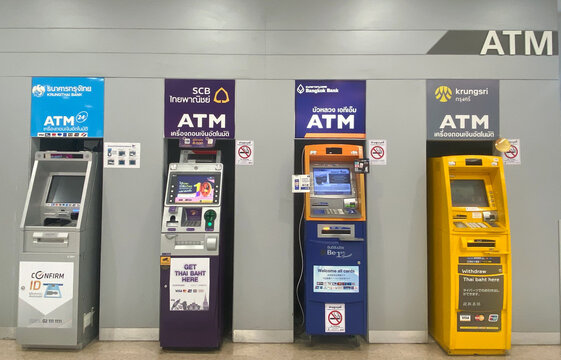 Automated Teller Machines (ATM), Various color withdrawal machines are provided for the convenience of customers, Financial transactions or banking, Chiangmai-THAILAND:February 4, 2021