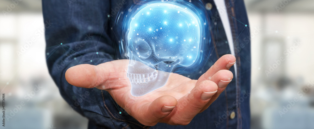 Aufkleber Man using digital x-ray skull holographic scan projection 3D rendering