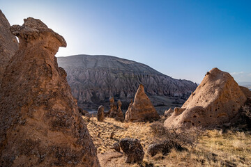 Beautiful historical and touristic places in Zelve valley , fairy chimneys, cave houses, with sun shine Cappadocia, Nevsehir, Turkey