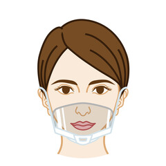 Woman's face wearing a mouth shield - front view