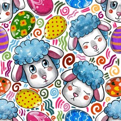 Cute Cartoon Watercolor Hand Drawn Little Sheep, Happy Lamb. Happy Easter Colorful Eggs Collection. Seamless Pattern.